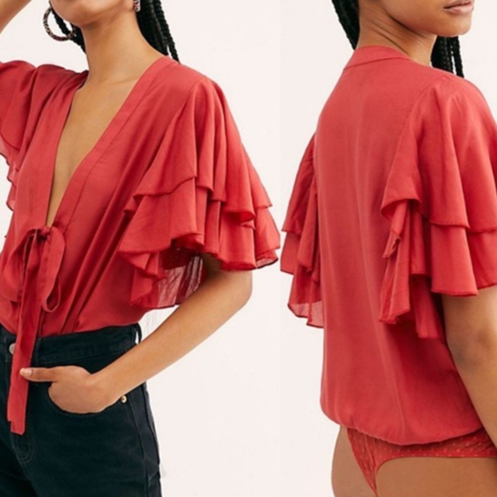 Free People Intimately Call Me Later Ruffle Sleeves Bodysuit Size Medium - Picture 3 of 13